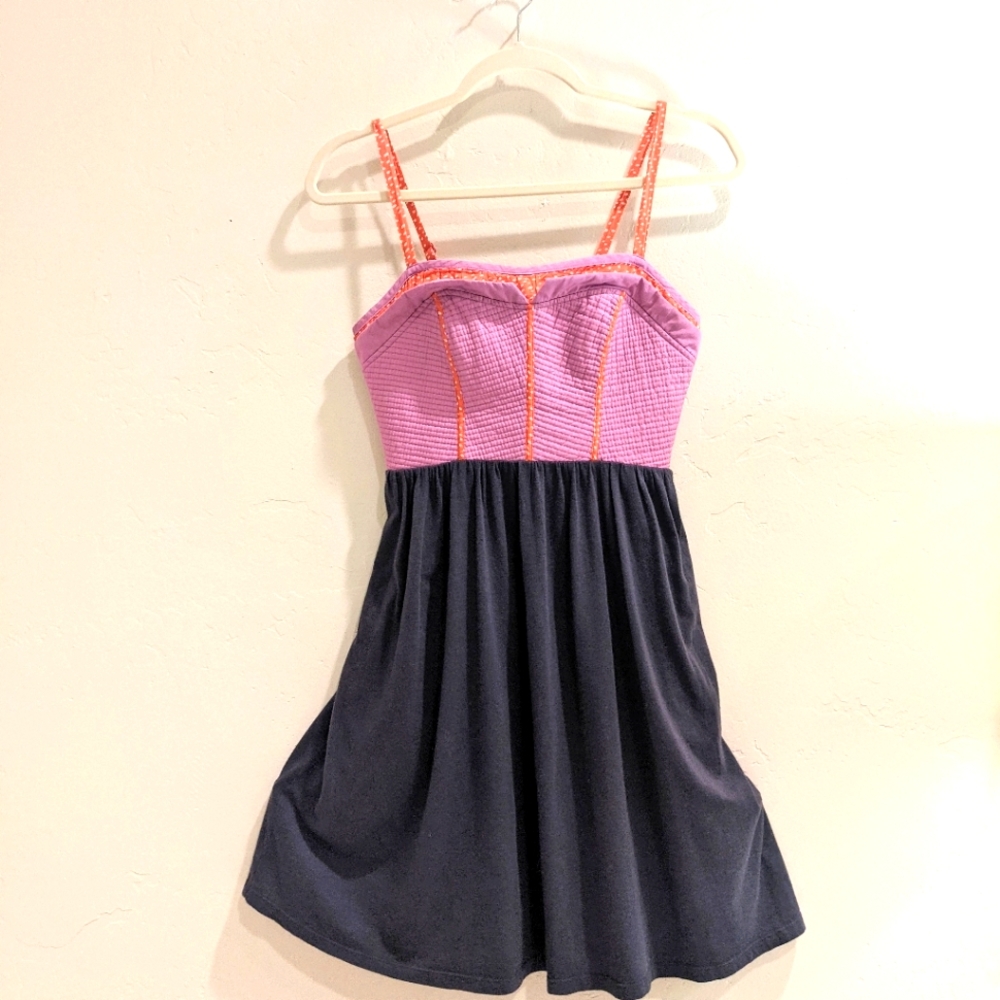 Anthropology Lilka Summer Sun Dress Grey  Pink with Orange and White Polkadots